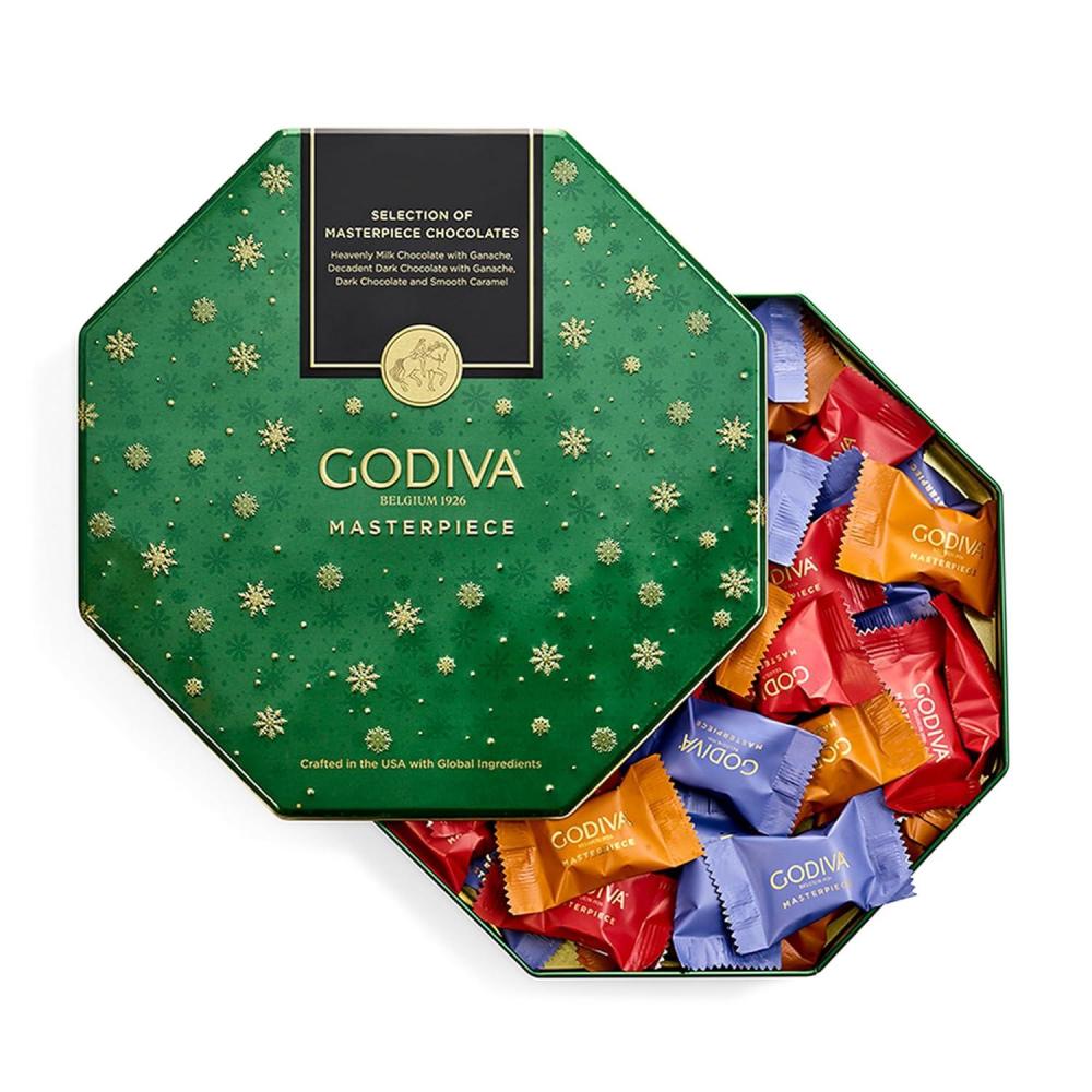 imageGodiva Holiday Masterpiece Gift Tin Assorted Milk amp Dark Chocolates with Ganache and Caramel Gourmet Christmas Gift Kosher amp Halal 50 PcMasterpiece Tin