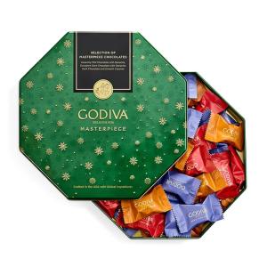 Godiva Holiday Masterpiece Gift Tin, Assorted Milk & Dark Chocolates with Ganache and Caramel, Gourmet Christmas Gift, Kosher & Halal, 50 Pc(Masterpiece Tin)