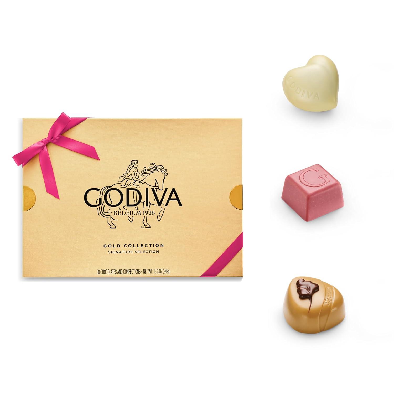 imageGodiva Gold Assorted Chocolate Gift Box Belgian Dark amp Milk Chocolates with Pralins Ganaches amp Caramels Gourmet Gift for Mothers Day Kosher Azalea Pink Ribbon 30 Pc30 Pieces