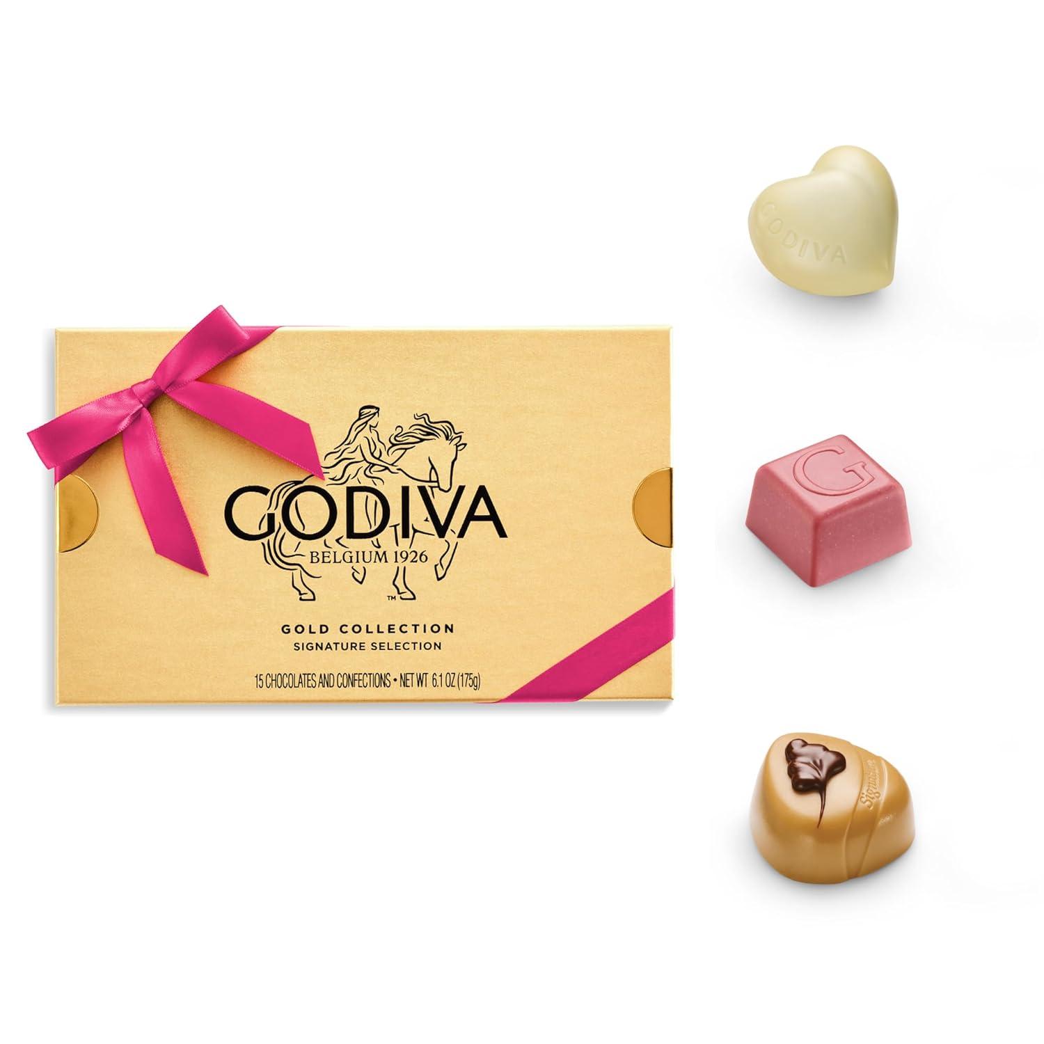 imageGodiva Gold Assorted Chocolate Gift Box Belgian Dark amp Milk Chocolates with Pralins Ganaches amp Caramels Gourmet Gift for Mothers Day Kosher Azalea Pink Ribbon 30 Pc15 Pieces