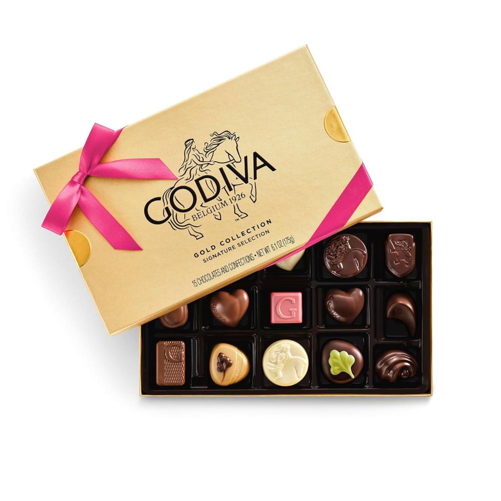 imageGodiva Gold Assorted Chocolate Gift Box Belgian Dark amp Milk Chocolates with Pralins Ganaches amp Caramels Gourmet Gift for Mothers Day Kosher Azalea Pink Ribbon 30 Pc15 Pieces
