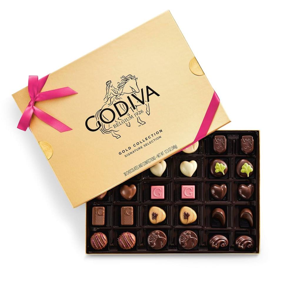 imageGodiva Gold Assorted Chocolate Gift Box Belgian Dark amp Milk Chocolates with Pralins Ganaches amp Caramels Gourmet Gift for Mothers Day Kosher Azalea Pink Ribbon 30 Pc30 Pieces