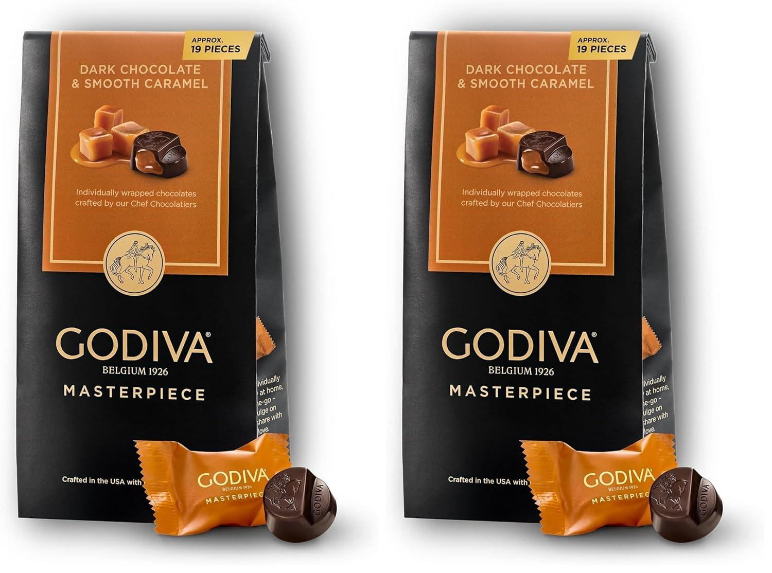 imageGodiva Masterpiece Dark Chocolate Bags Individually Wrapped with Caramel Center Gourmet Gift for Birthday Holiday Kosher Halal 4oz Pack of 6Dark Chocolate Caramel