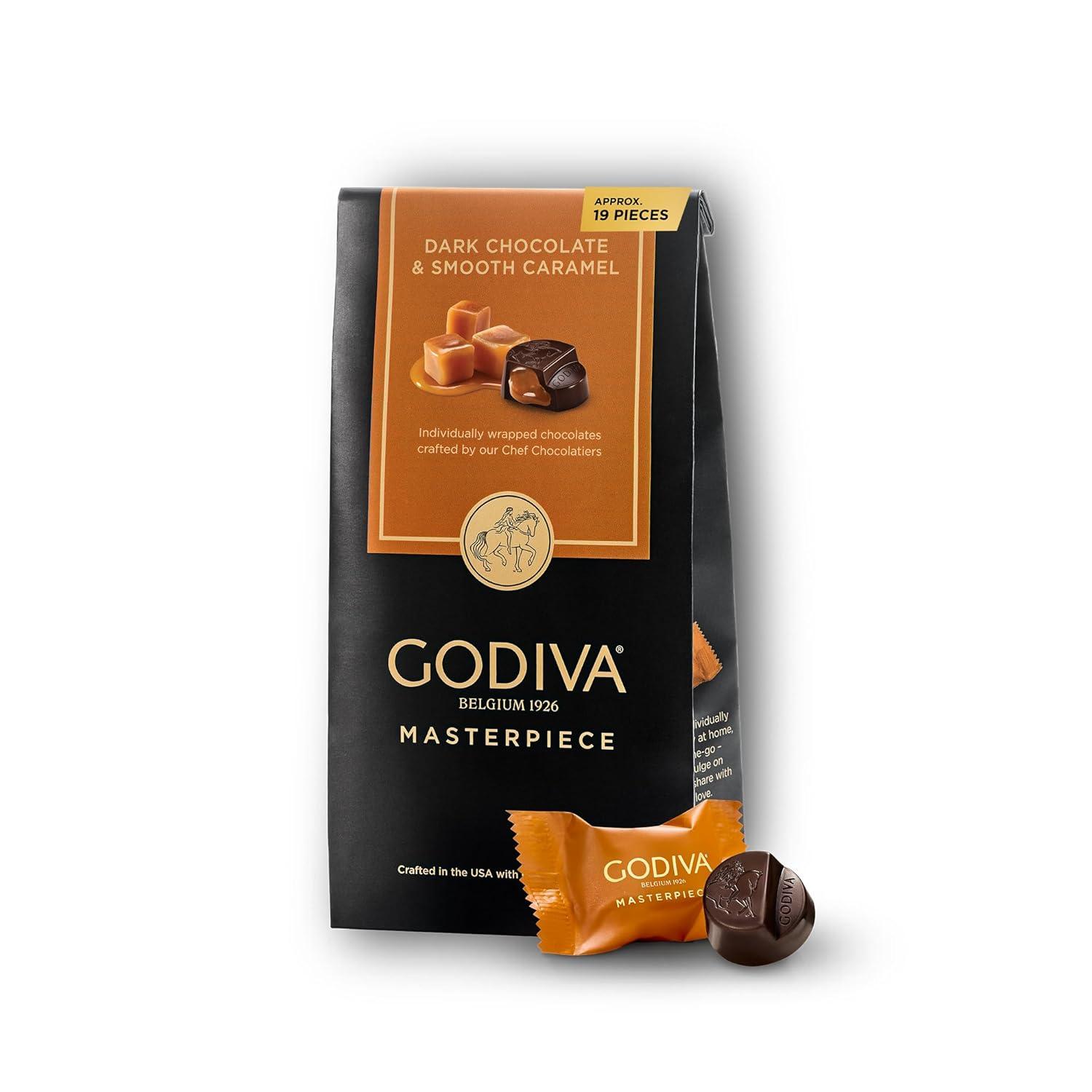 imageGodiva Masterpiece Dark Chocolate Bags Individually Wrapped with Caramel Center Gourmet Gift for Birthday Holiday Kosher Halal 4oz Pack of 6Dark Chocolate Caramel