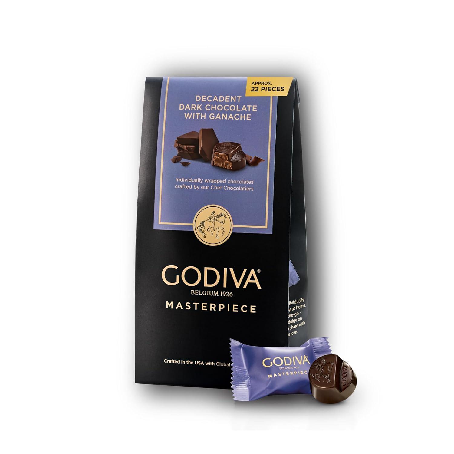 imageGodiva Masterpiece Dark Chocolate Bags Individually Wrapped with Caramel Center Gourmet Gift for Birthday Holiday Kosher Halal 4oz Pack of 6Dark Chocolate Ganache