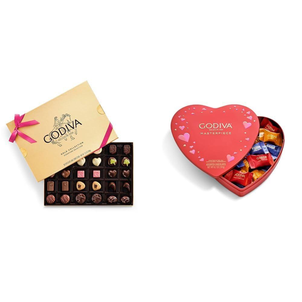 imageGodiva Gold Assorted Chocolate Gift Box Azalea Pink Ribbon 30 Pc Chocolate Assorted Masterpiece Heart Tin 20 Pc Mothers Day Bundle