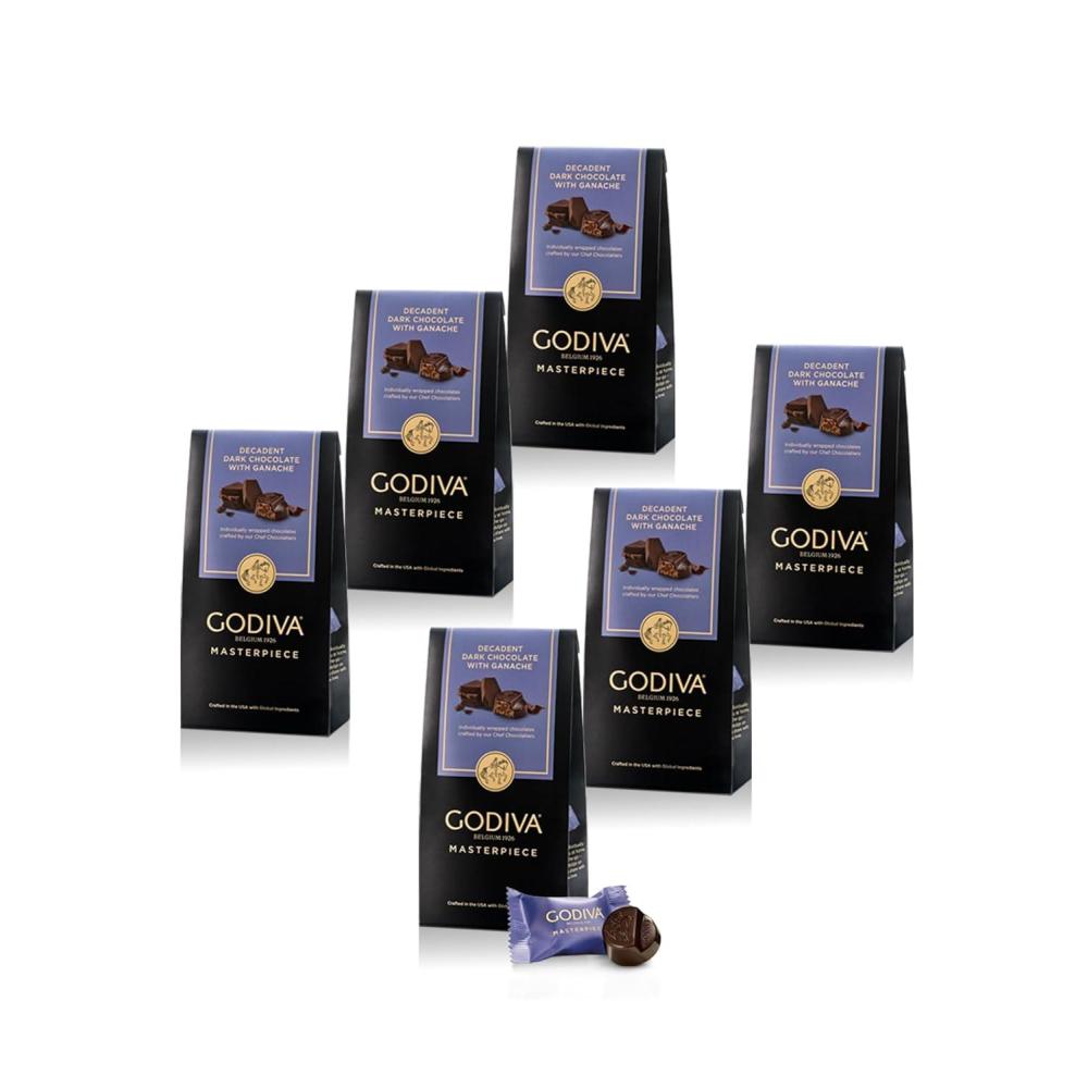 imageGodiva Masterpiece Dark Chocolate Bags Individually Wrapped with Caramel Center Gourmet Gift for Birthday Holiday Kosher Halal 4oz Pack of 6Dark Chocolate Ganache