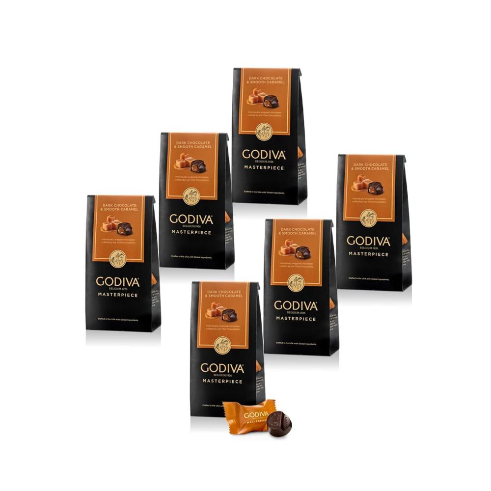 imageGodiva Masterpiece Dark Chocolate Bags Individually Wrapped with Caramel Center Gourmet Gift for Birthday Holiday Kosher Halal 4oz Pack of 6Dark Chocolate Caramel