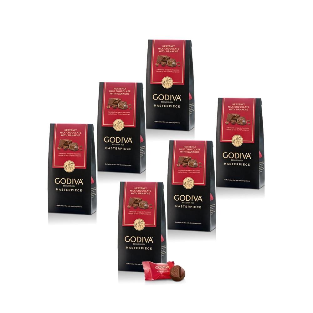 imageGodiva Masterpiece Dark Chocolate Bags Individually Wrapped with Caramel Center Gourmet Gift for Birthday Holiday Kosher Halal 4oz Pack of 6Milk Chocolate Ganache